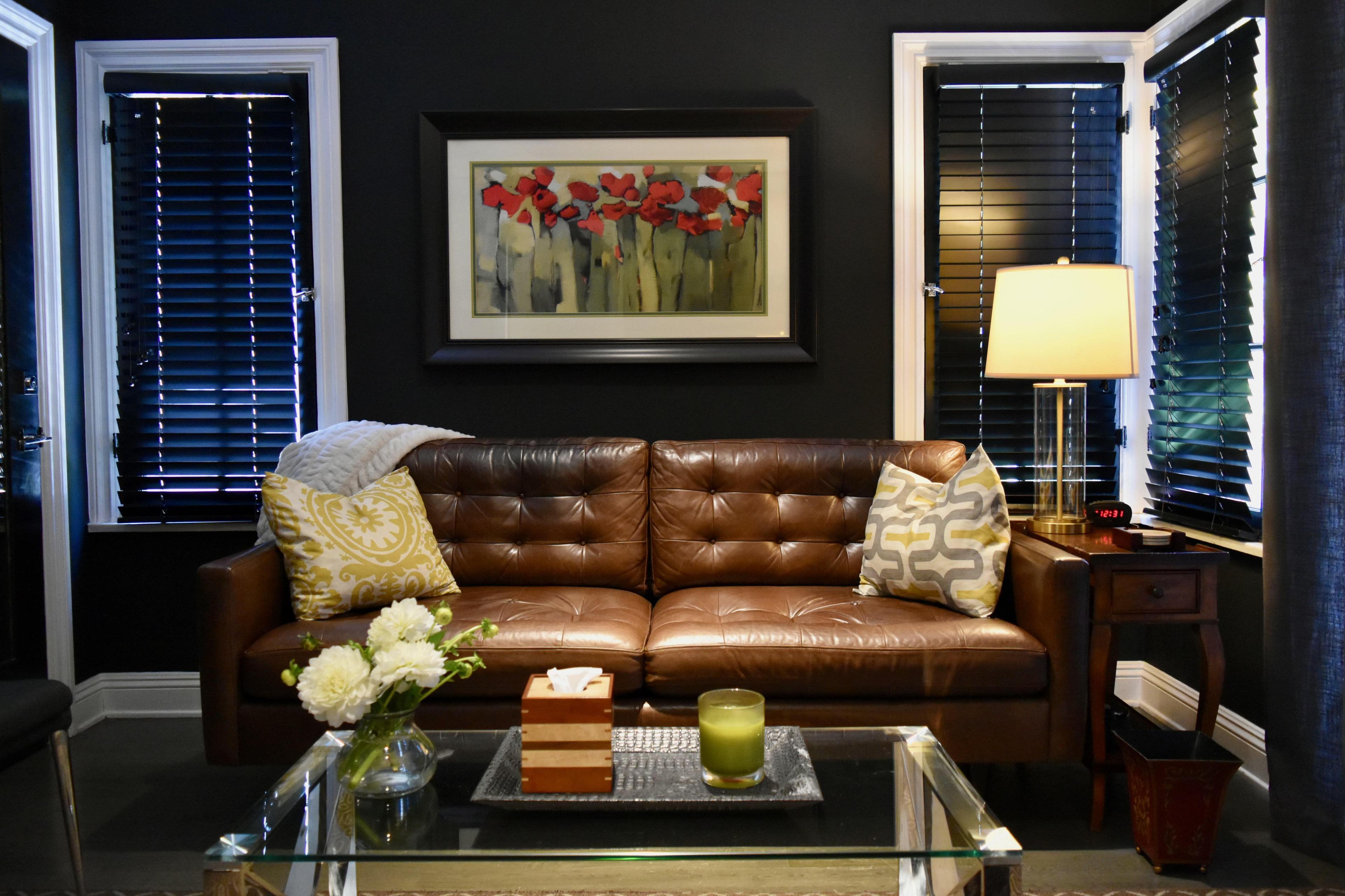 Comfortable therapy office with warm lighting